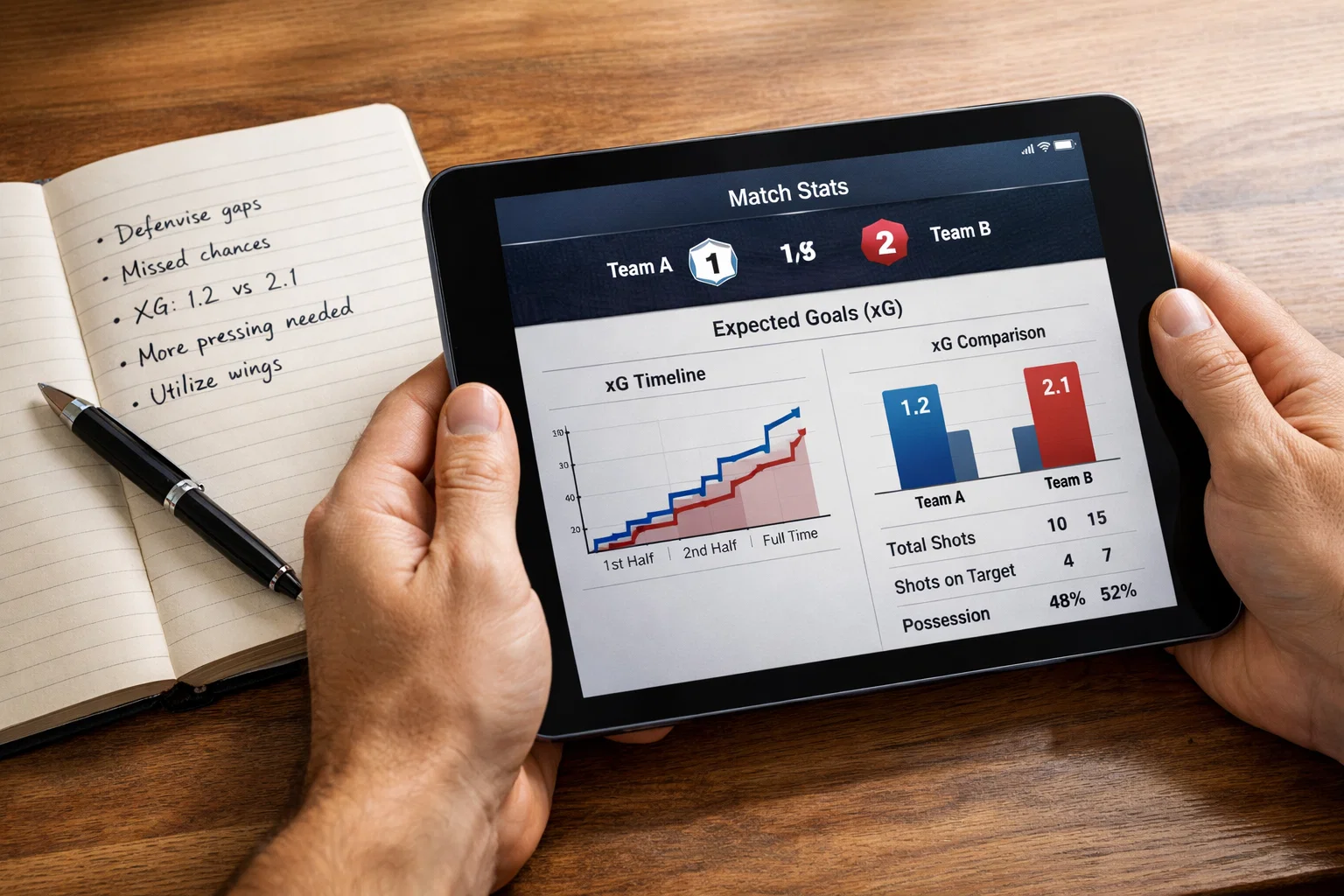 Person vergleicht handschriftliche Notizen mit Fußballstatistiken auf einem Tablet