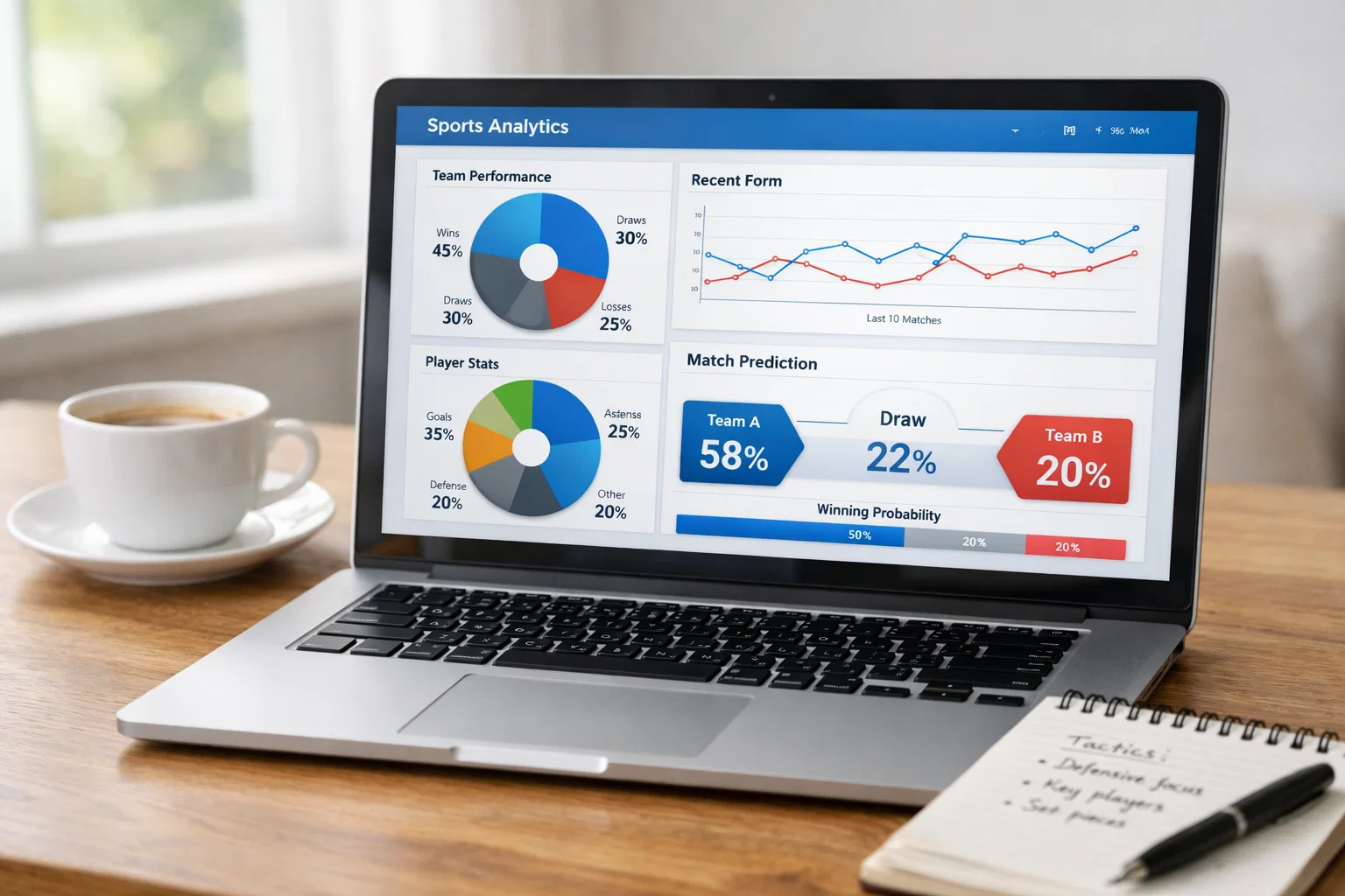 Modernes Software-Dashboard mit Fußballstatistiken, Diagrammen und Prognosen auf einem Laptop