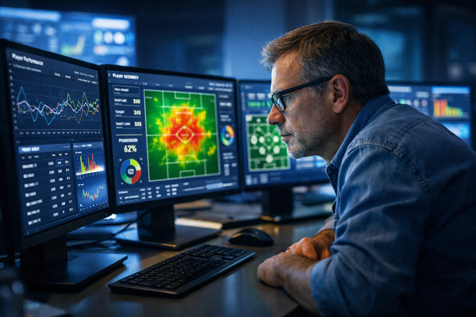 Sportanalyst betrachtet Leistungsdaten auf mehreren Monitoren