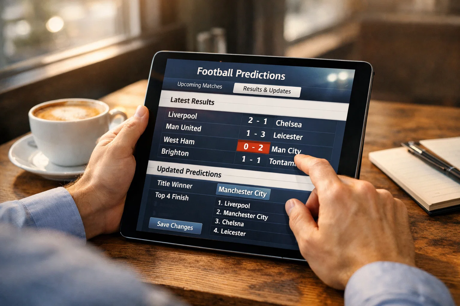 Person aktualisiert Prognosen auf Tablet nach Erhalt neuer Spielergebnisse