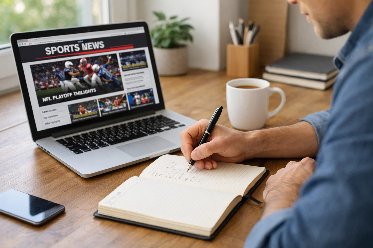 Person macht Notizen in einem Notizbuch neben einem Laptop