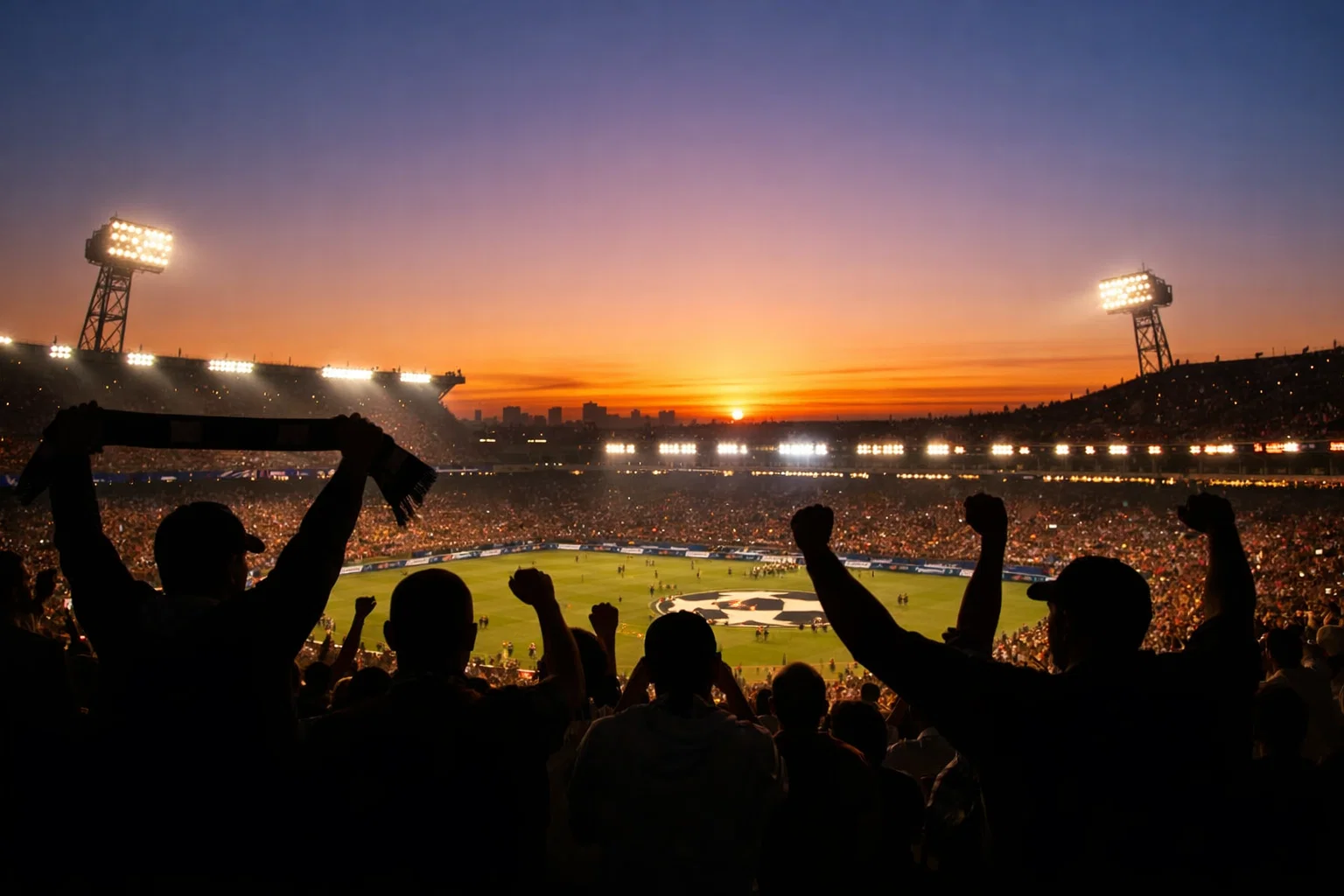 Fußballfans im Stadion bei Sonnenuntergang vor Champions-League-Spiel