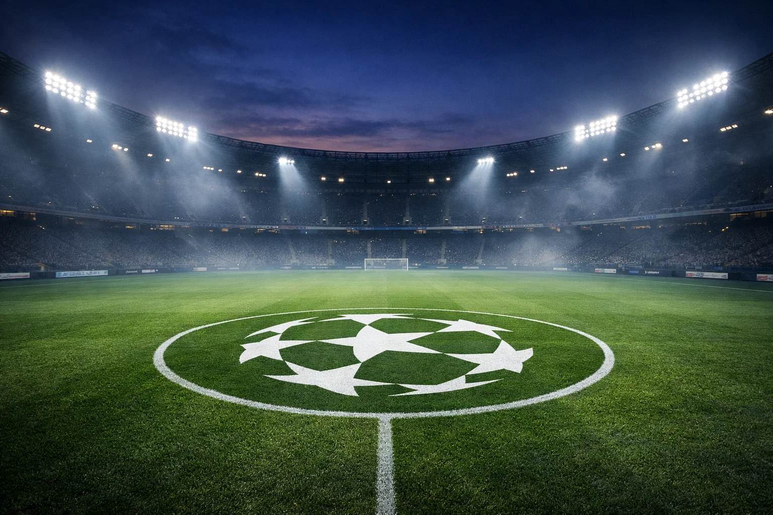 Fußballstadion bei Nacht mit dramatischer Beleuchtung während eines Champions-League-Spiels