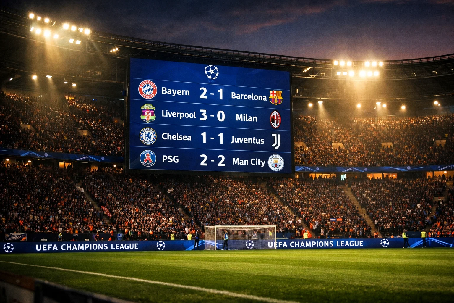 Fußballstadion bei Nacht mit beleuchteter Anzeigetafel während eines Champions-League-Spieltags