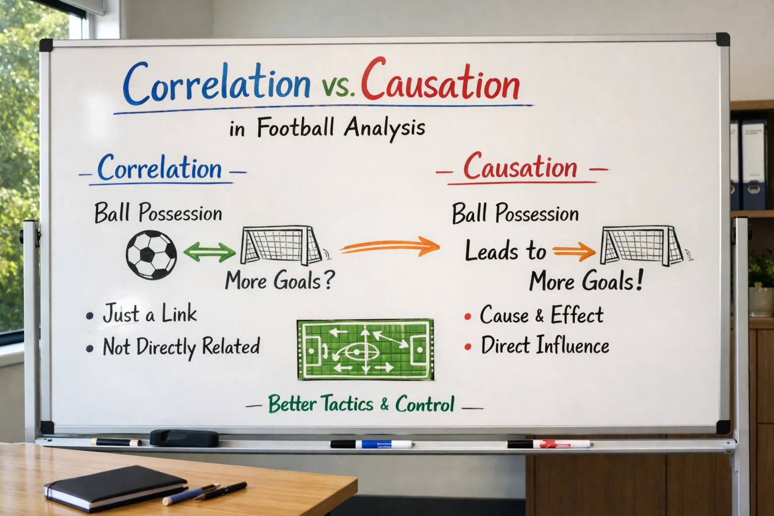 Schematische Darstellung von Korrelation und Kausalität im Fußball