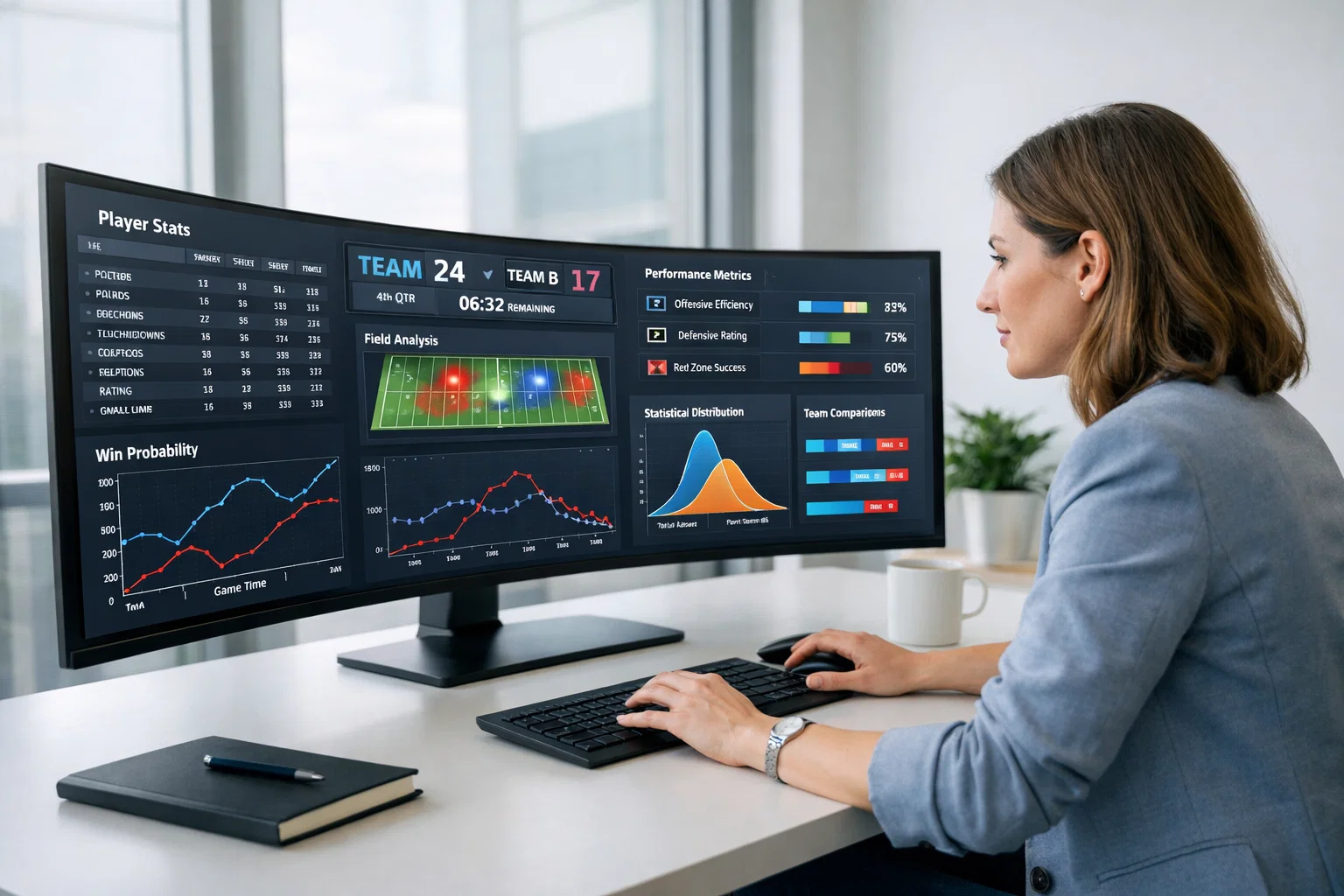 Datenwissenschaftler arbeitet mit Sportdaten auf modernem Bildschirm