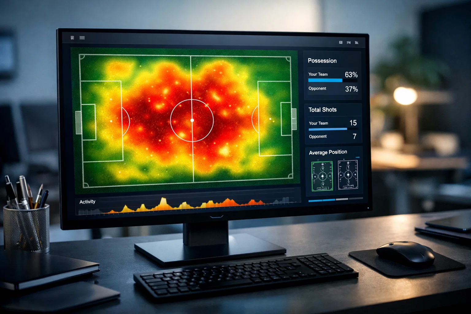 Bildschirm mit Fußball-Spielfeldgrafik und Heatmap-Analyse