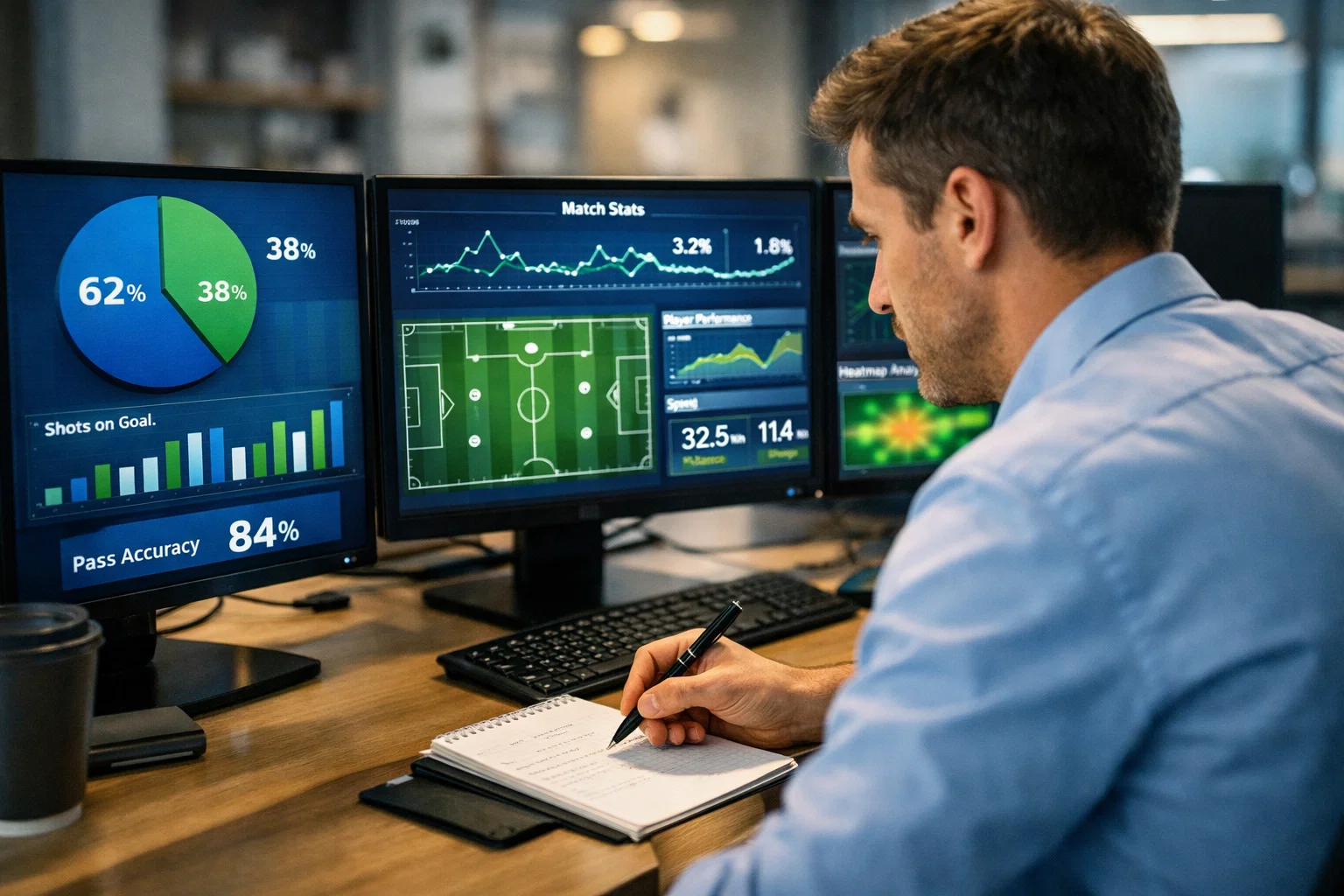 Analytiker prüft Fußballdaten in einem Büro mit mehreren Bildschirmen