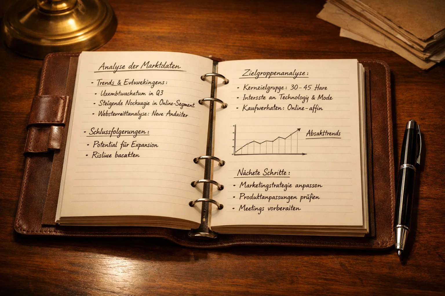 Offenes Notizbuch mit handschriftlichen Notizen neben einem Stift
