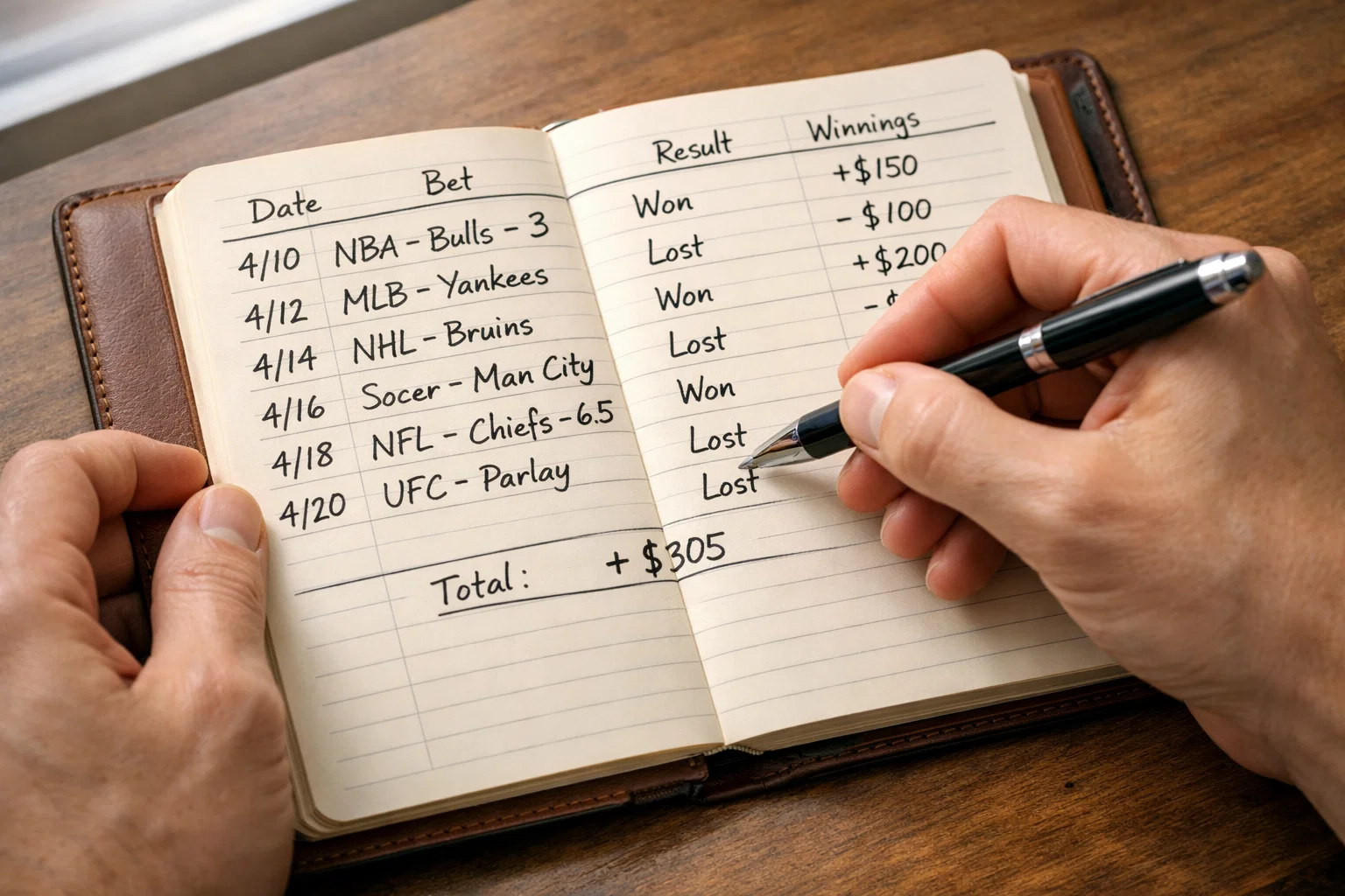 Person führt Buch über Sportwetten-Ergebnisse mit Stift und Notizbuch