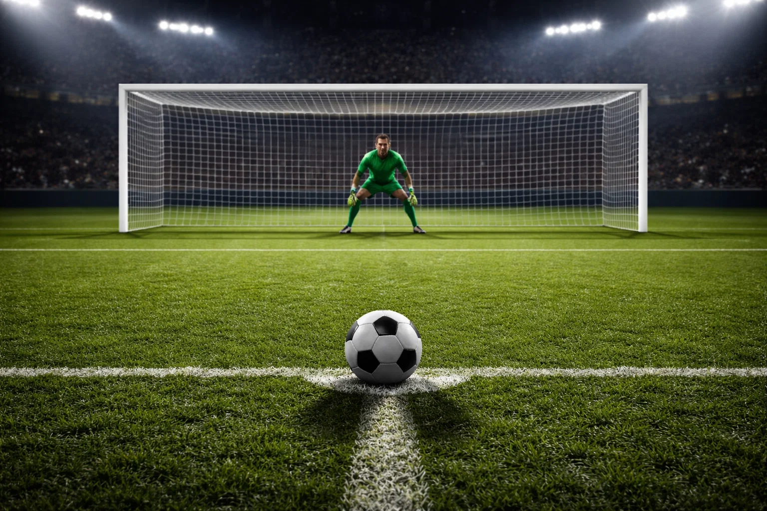 Fußballspieler bereitet sich auf einen Elfmeter vor mit Torhüter im Tor