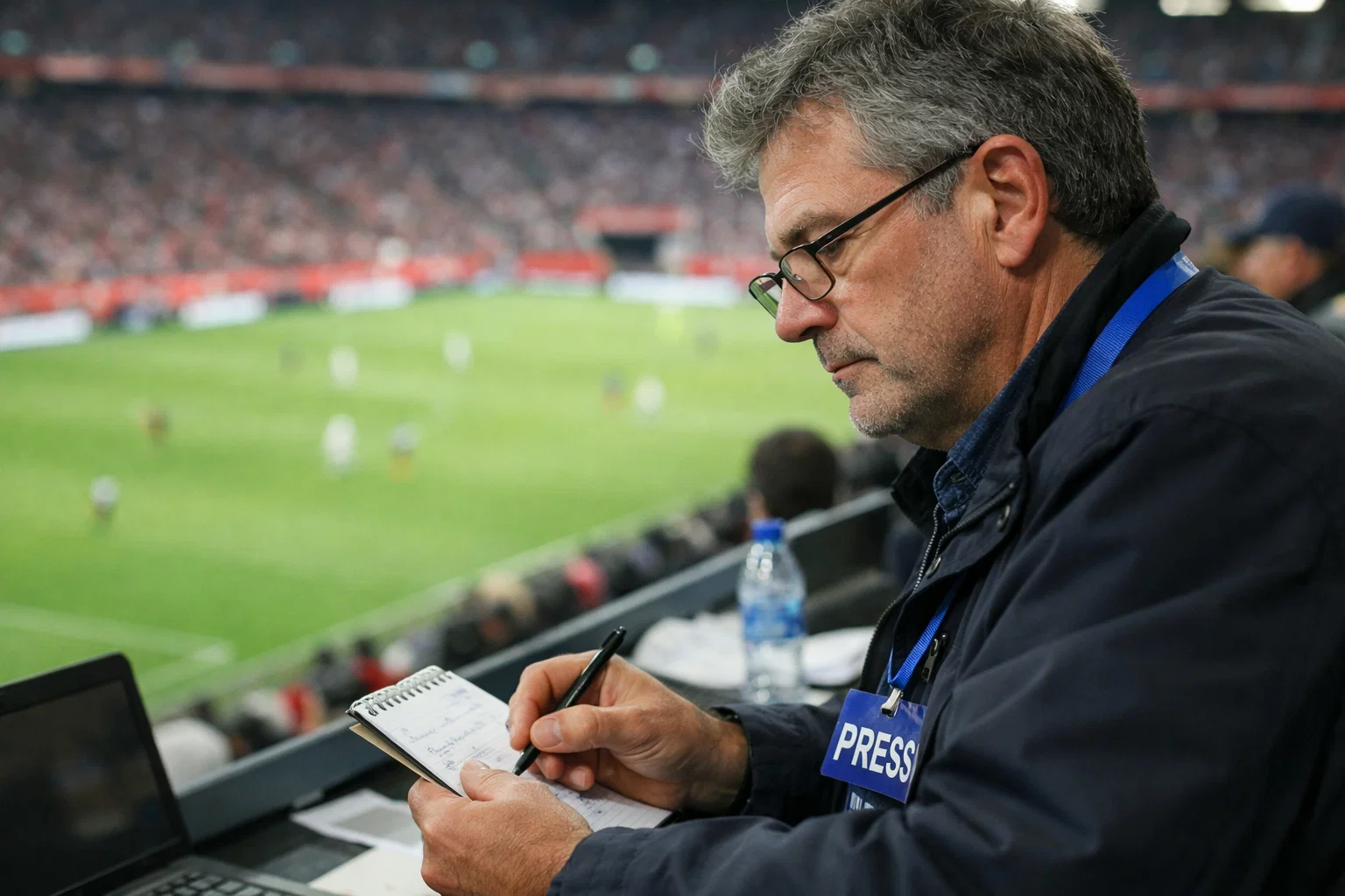 Erfahrener Sportjournalist macht Notizen während eines Fußballspiels auf der Pressetribüne