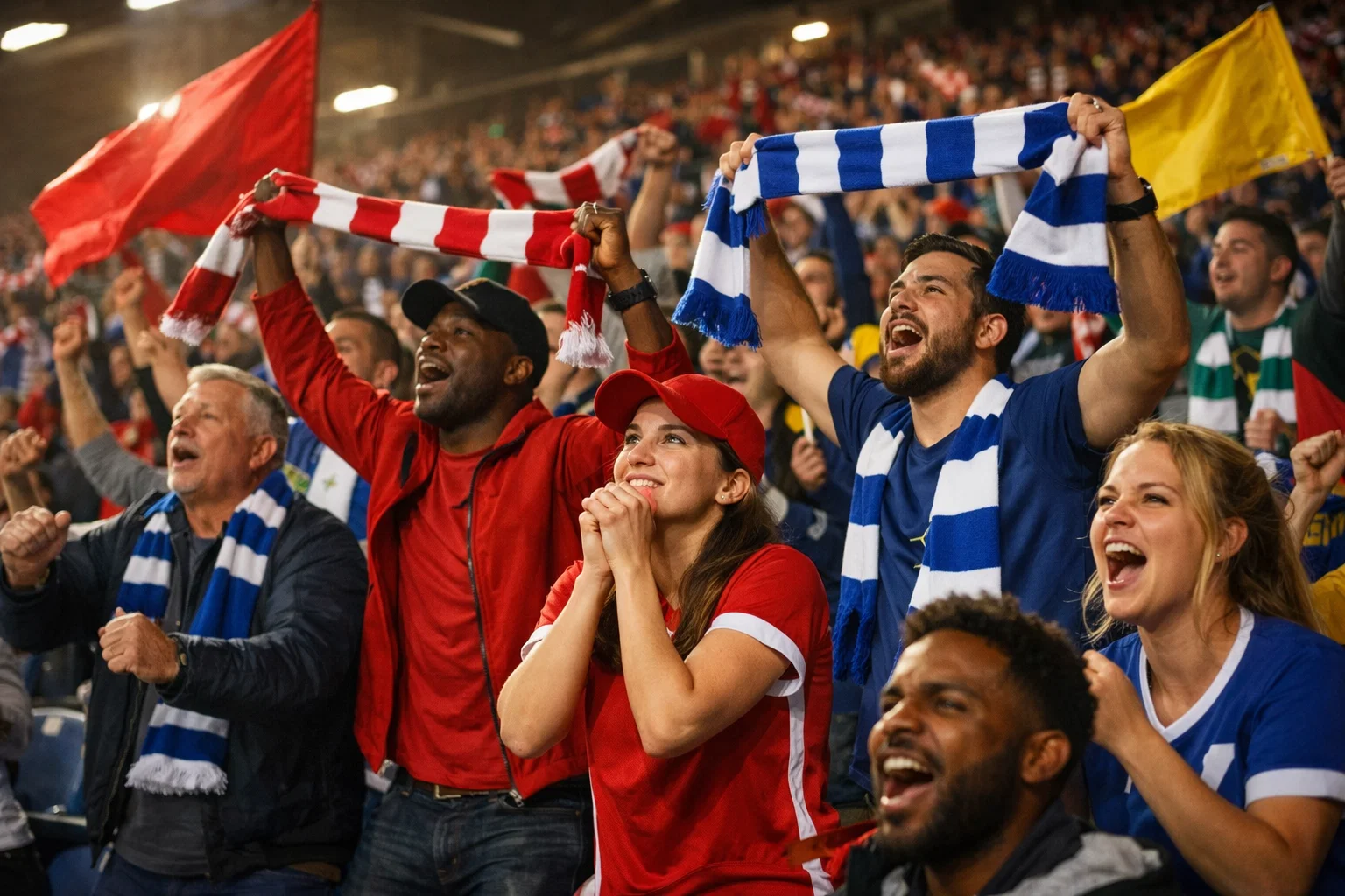 Enthusiastische Fußballfans in einem Stadion mit Schals und Fahnen