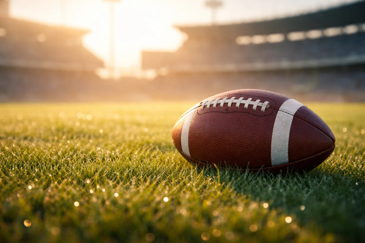 Fußball auf grünem Rasen mit Stadion im Hintergrund in der Morgendämmerung