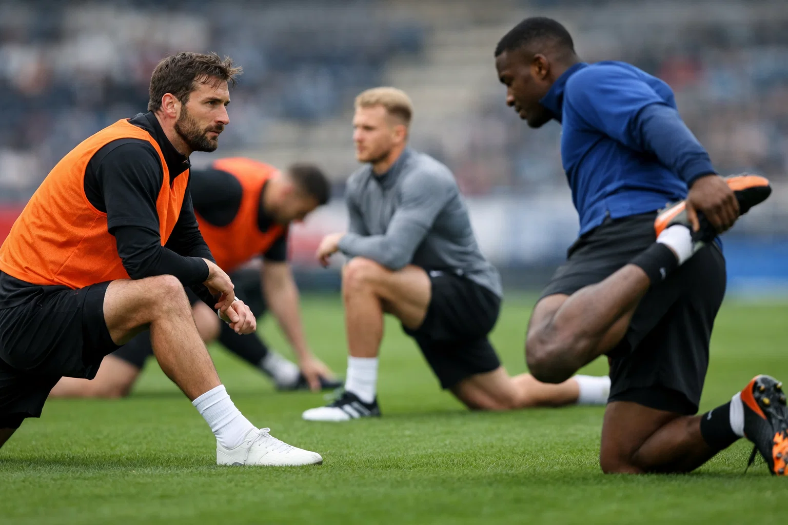 Fußballspieler beim Aufwärmtraining auf dem Rasen