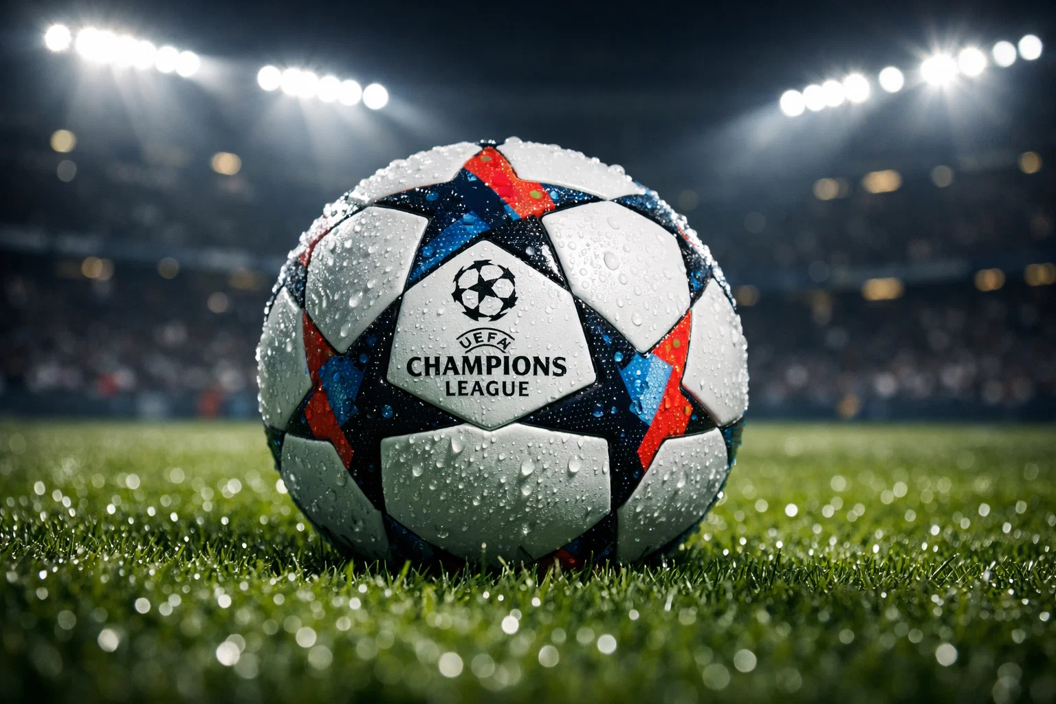 Fußball auf dem Rasen eines Champions-League-Stadions im Scheinwerferlicht