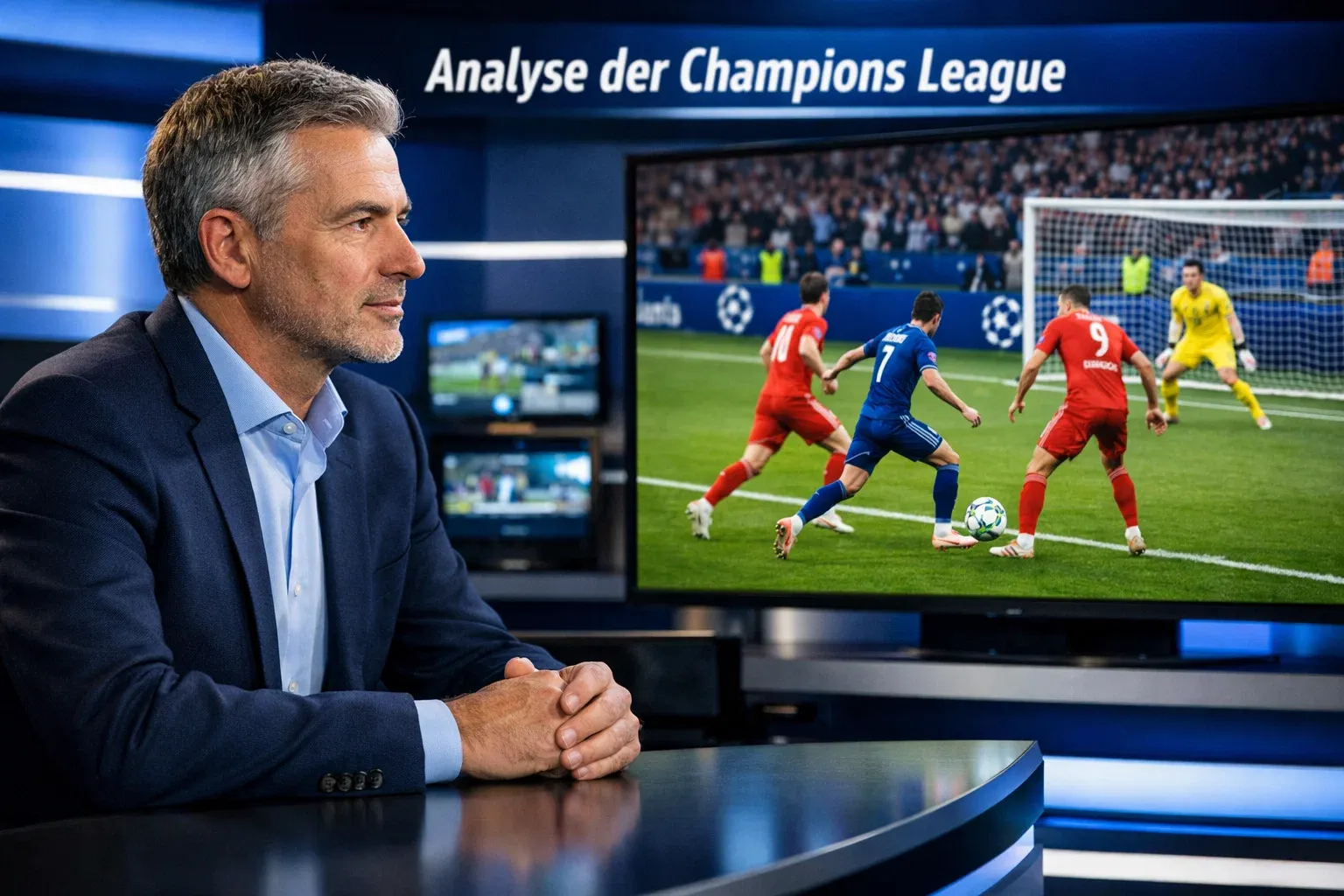 Fußballexperte analysiert ein Champions-League-Spiel in einer modernen TV-Studio-Umgebung