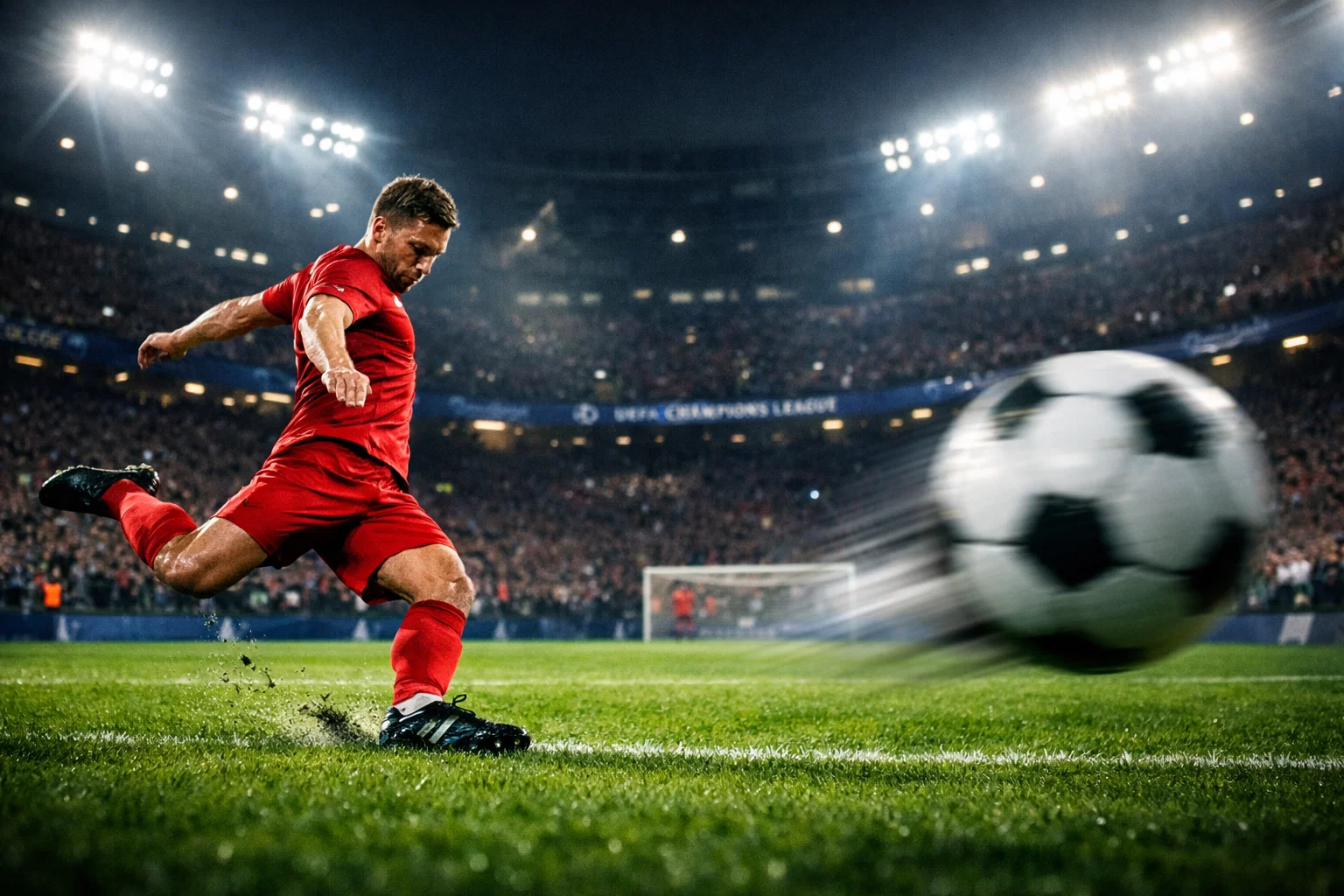 Fußballspieler schießt auf das Tor während eines Champions-League-Spiels unter Flutlicht