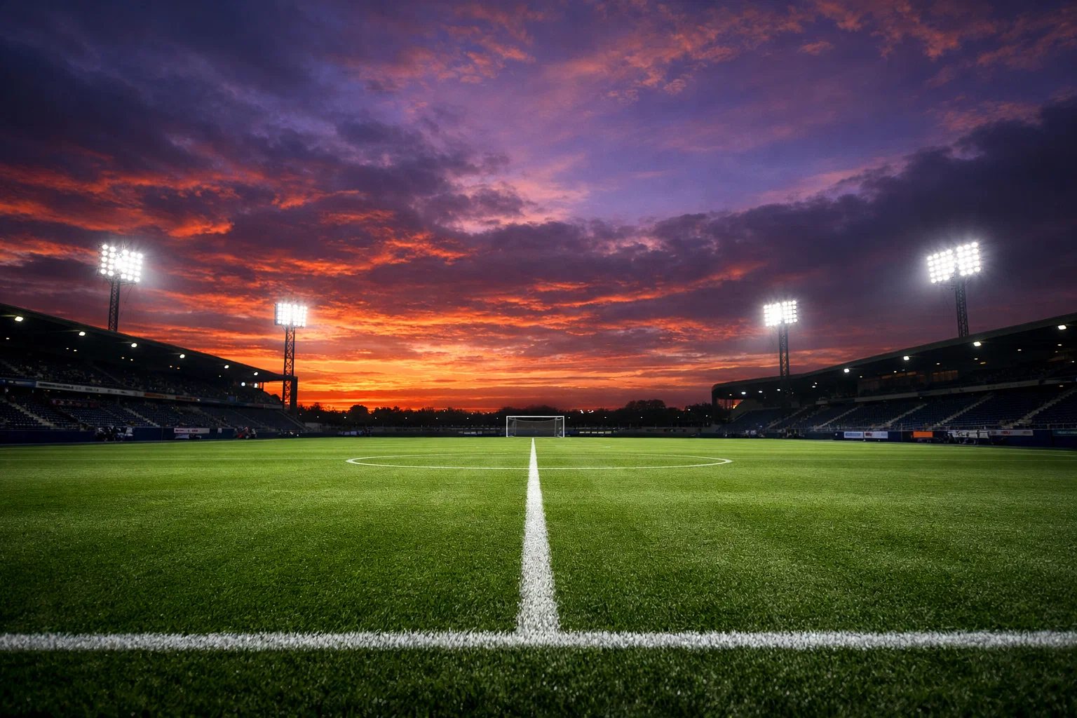 Fußballplatz in der Abenddämmerung mit Blick auf das morgige Spiel