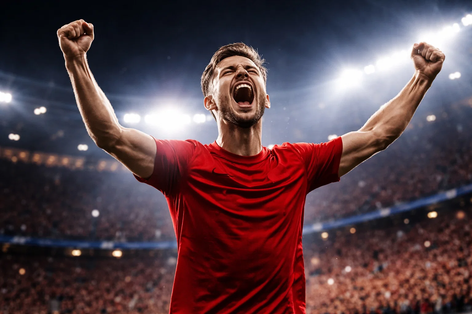 Fußballspieler eines Champions-League-Teams feiert nach einem Tor unter Flutlicht