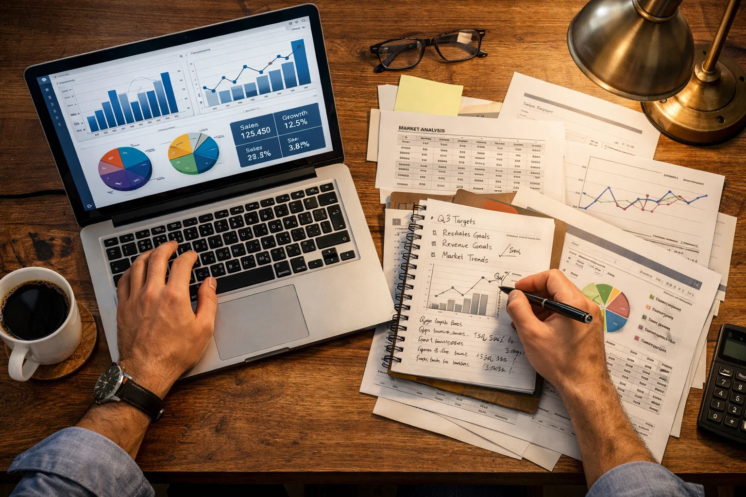 Analyst betrachtet sowohl KI-generierte Daten als auch handschriftliche Notizen auf seinem Schreibtisch