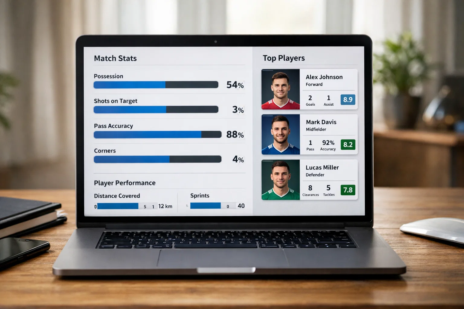 Laptop mit Fußball-Statistiken und Spielerdaten auf dem Bildschirm
