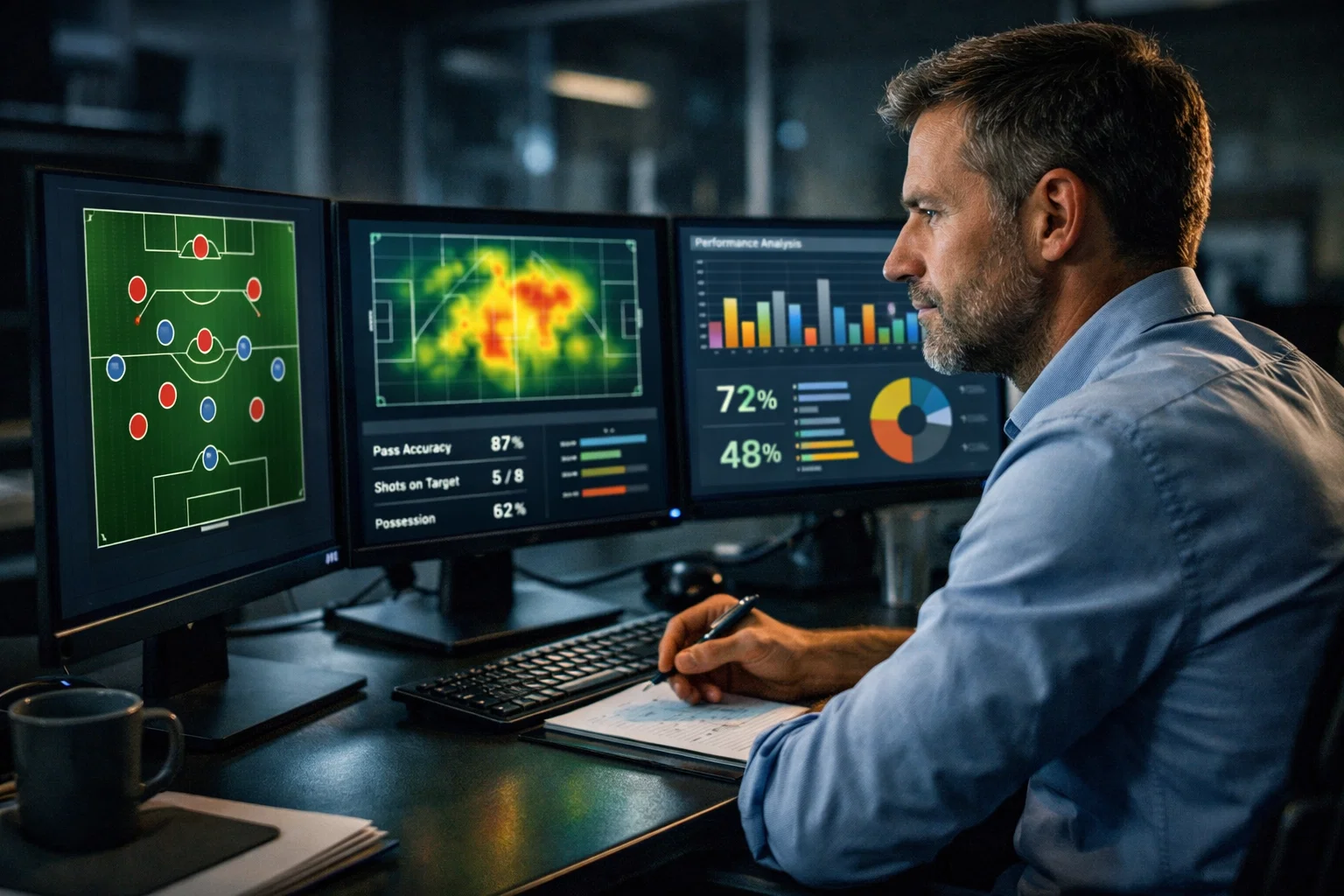 Analyst vor mehreren Bildschirmen mit Fußball-Statistiken und Datenvisualisierungen