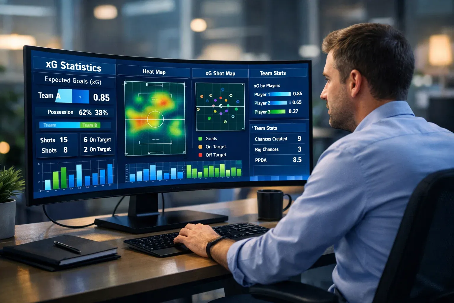 Datenanalyst betrachtet Fußballstatistiken und xG-Werte auf einem großen Bildschirm