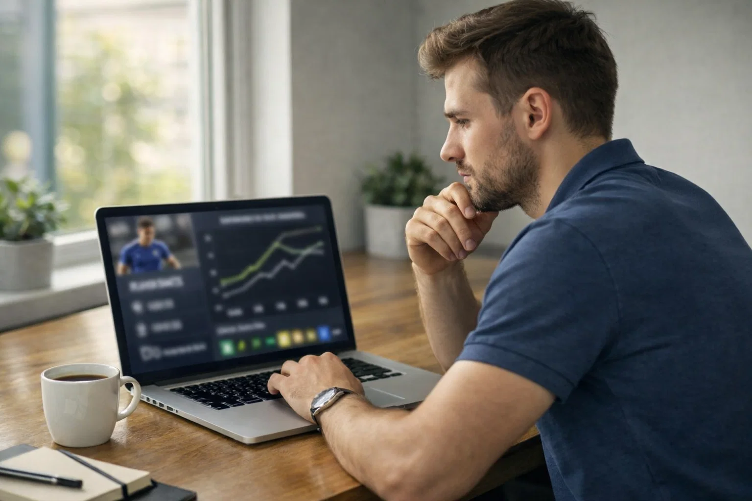 Person analysiert Fußballstatistiken auf einem Laptop in einem modernen Büro