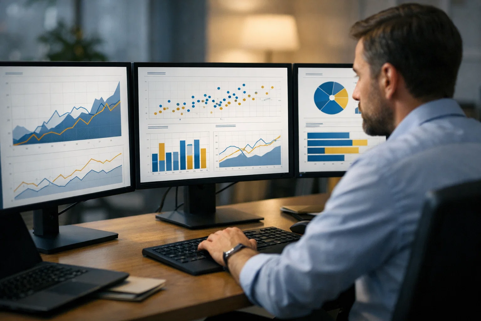 Analytiker arbeitet an mehreren Bildschirmen mit Datenvisualisierungen und Statistik-Dashboards