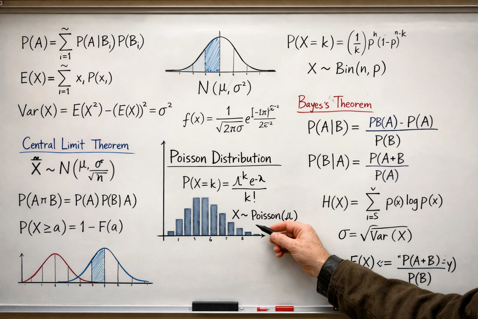 Whiteboard mit statistischen Formeln und Wahrscheinlichkeitsverteilungen