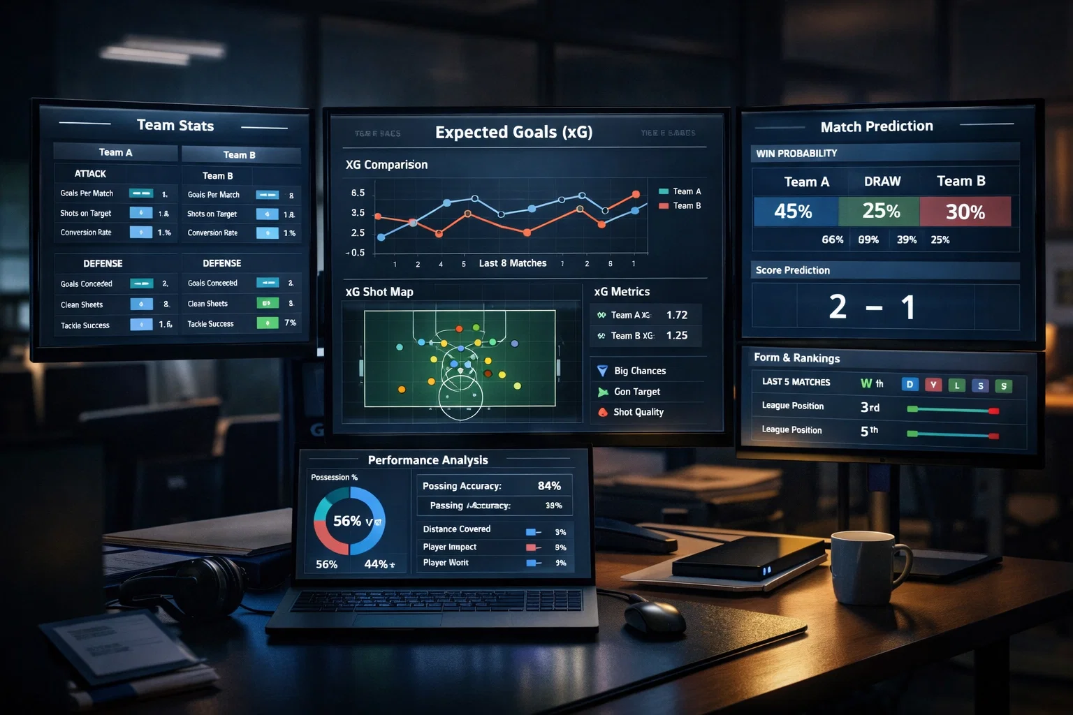 Professionelles Fußball-Analyse-Dashboard mit Spielstatistiken und Prognosen