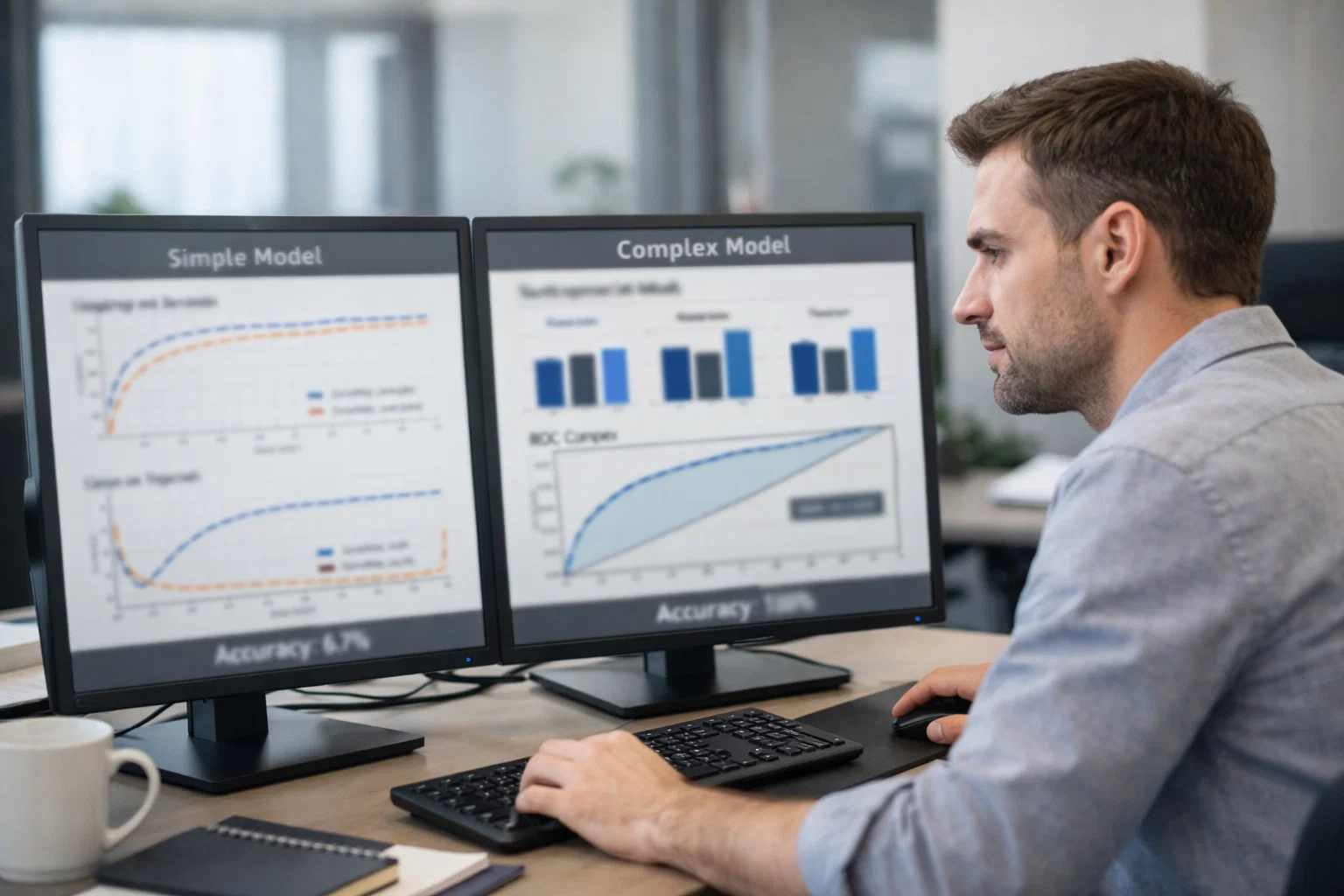 Analyst vergleicht einfaches und komplexes Prognosemodell auf dem Bildschirm