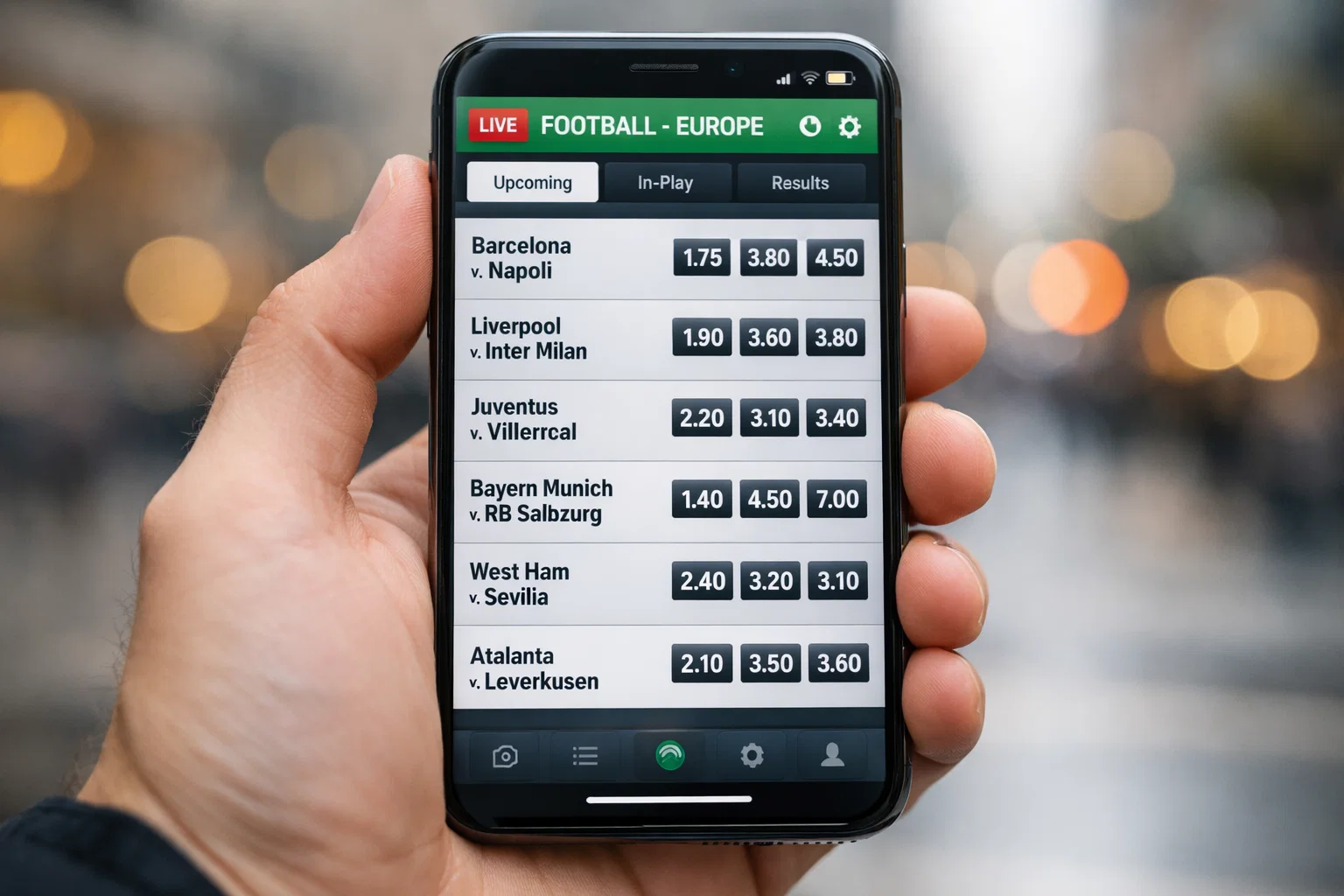 Nahaufnahme eines Smartphone-Displays mit Sportwetten-Quoten