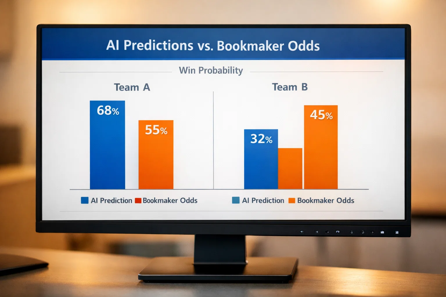 Gegenüberstellung von KI-Wahrscheinlichkeiten und Buchmacher-Quoten auf einem Bildschirm mit Balkendiagramm
