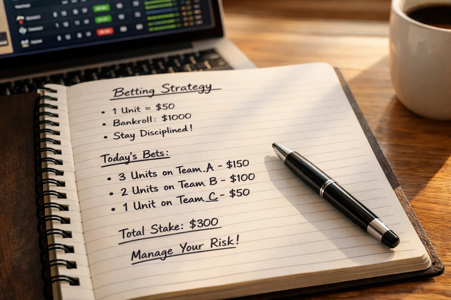 Notizbuch mit handschriftlicher Wettstrategie und Einsatzplanung neben einem Laptop
