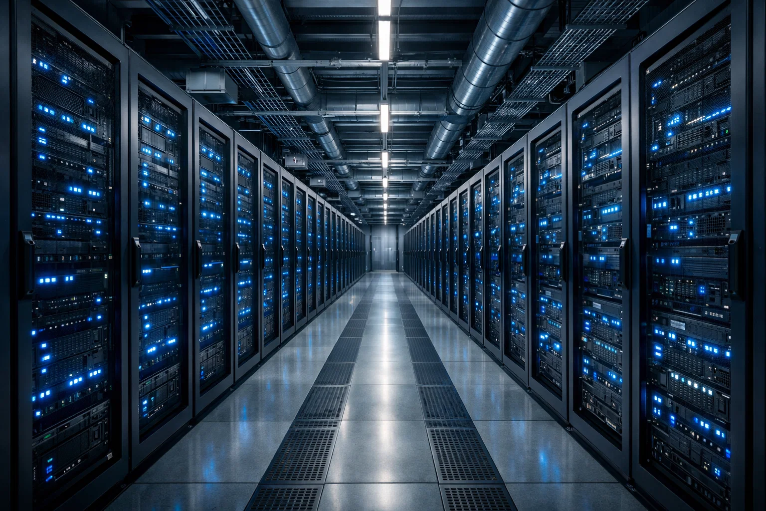 Modernes Rechenzentrum mit Server-Racks und blauen LED-Lichtern