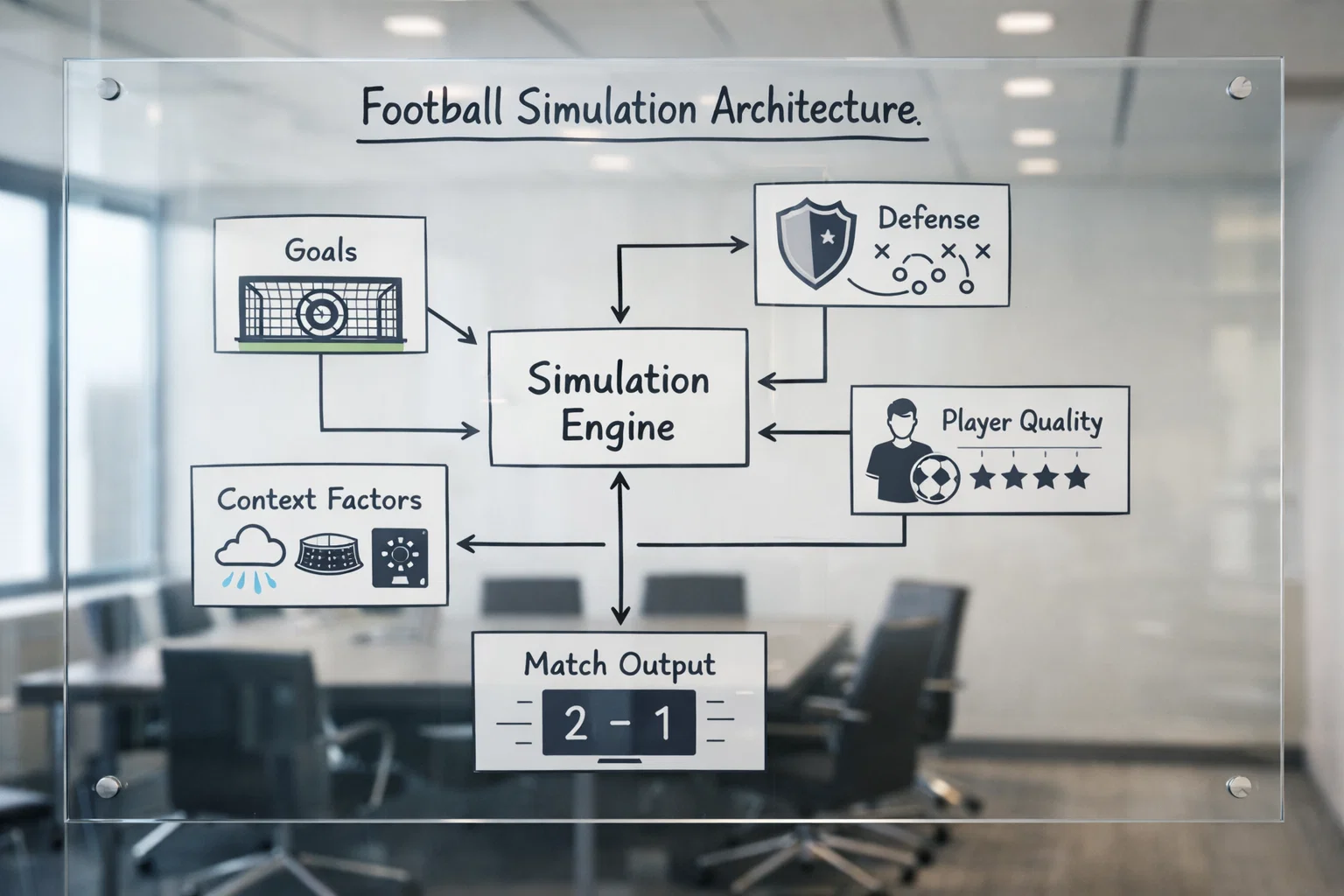 Schematischer Aufbau einer Fußballsimulation mit verschiedenen Komponenten