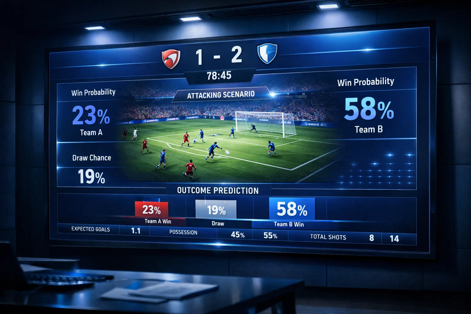 Virtuelle Fußballsimulation auf großem Bildschirm mit Wahrscheinlichkeitsanzeige
