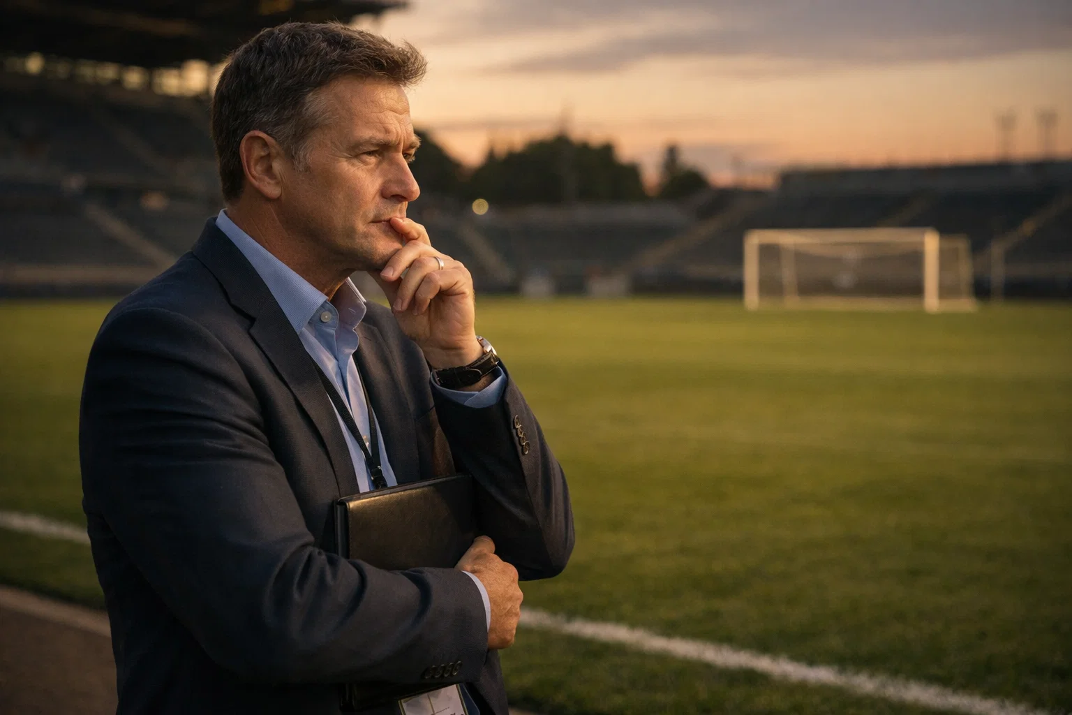 Nachdenklicher Analyst betrachtet Fußballfeld und reflektiert über Prognosegrenzen