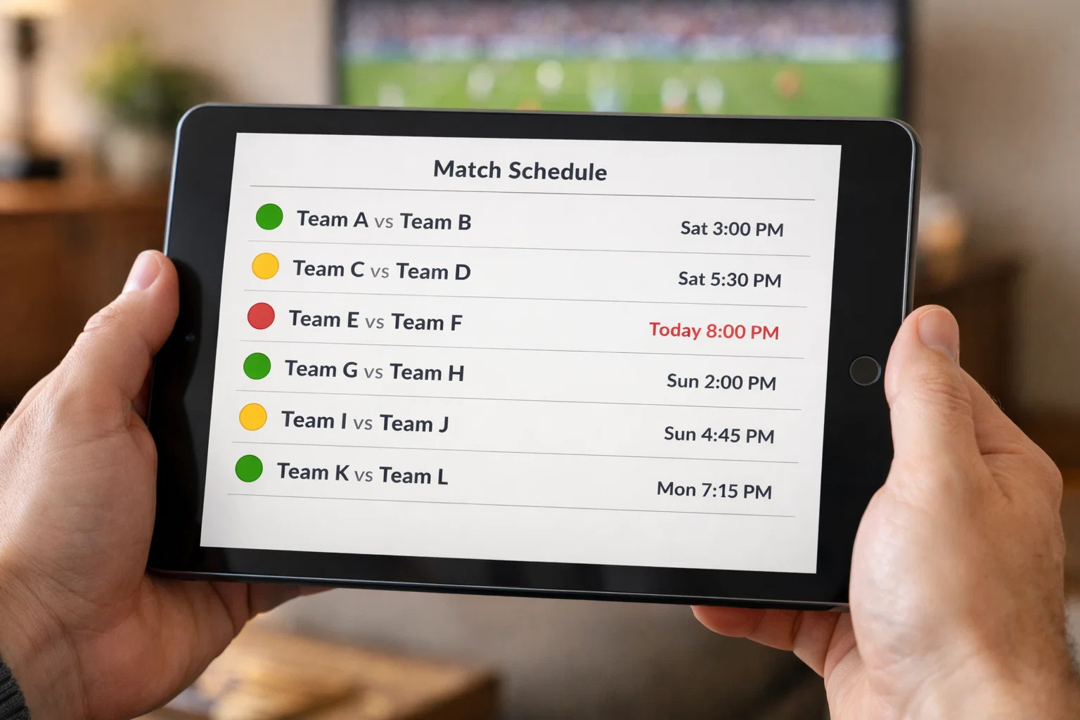 Geordnete Liste von Fußballspielen auf einem Tablet mit farbigen Markierungen für Prioritäten