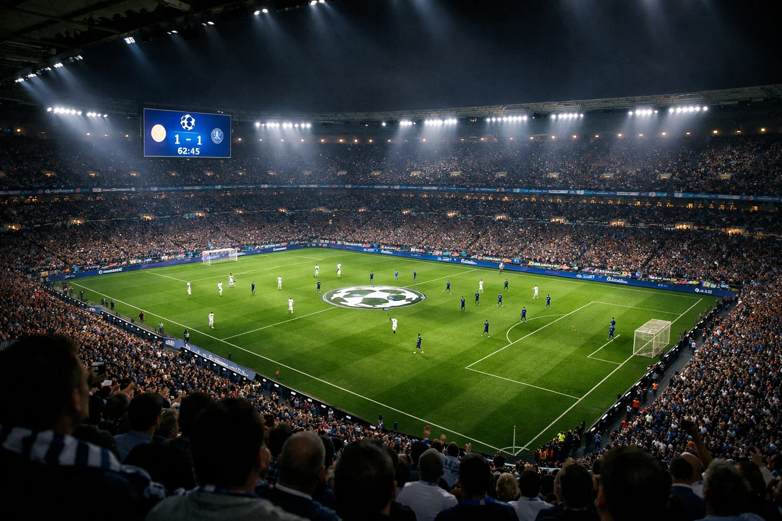 Vollbesetztes Champions-League-Stadion bei Nacht mit beleuchteter Anzeigetafel