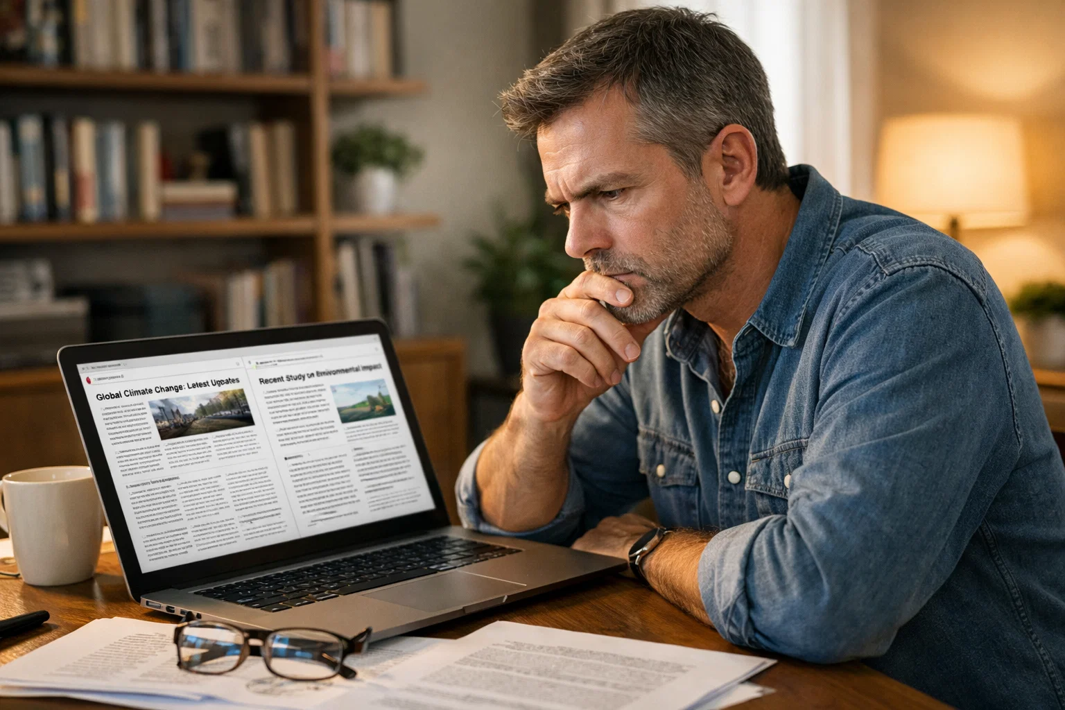 Person liest kritisch Nachrichten und Studien auf dem Laptop