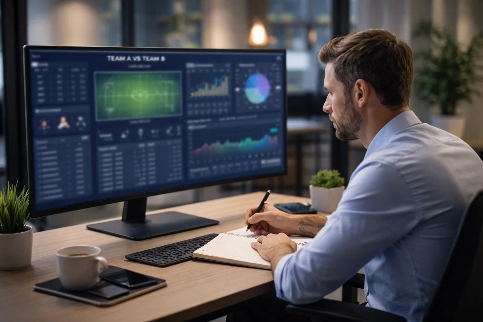 Datenanalyst studiert Fußballstatistiken auf großem Bildschirm