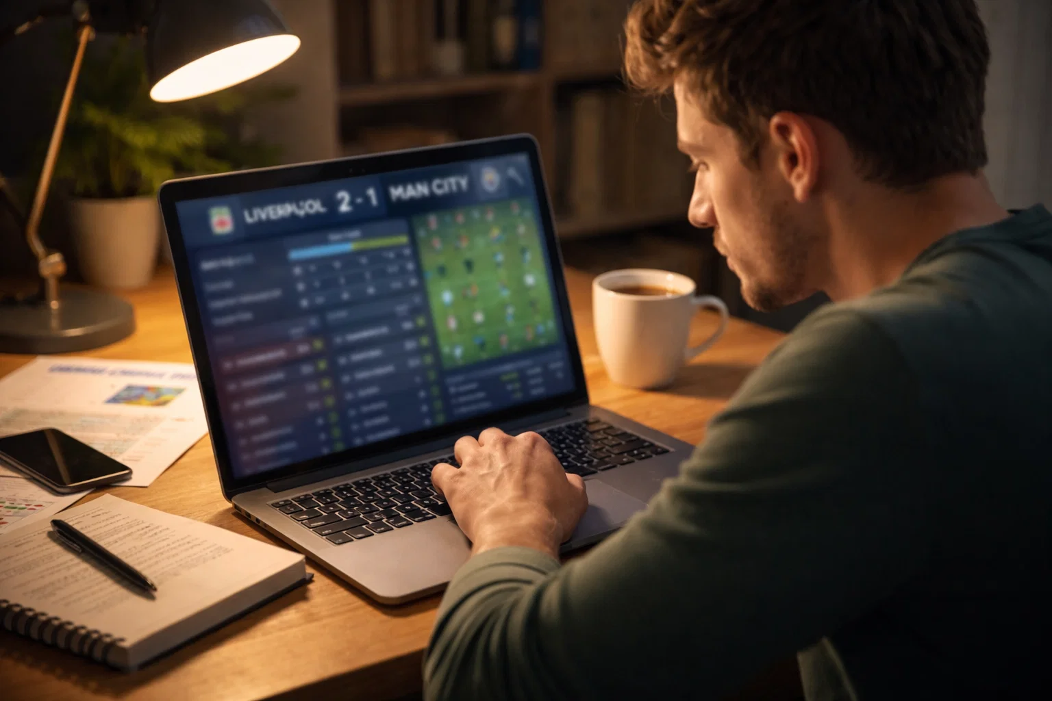 Person arbeitet konzentriert an Laptop mit Fußballdaten