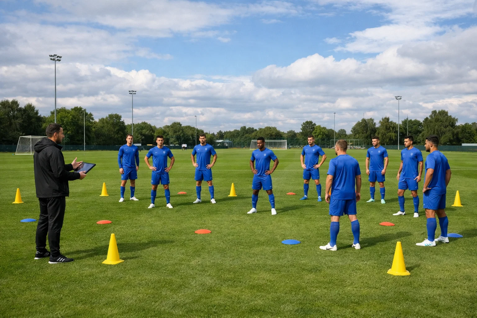 Profifußballer beim Taktiktraining auf dem Übungsplatz