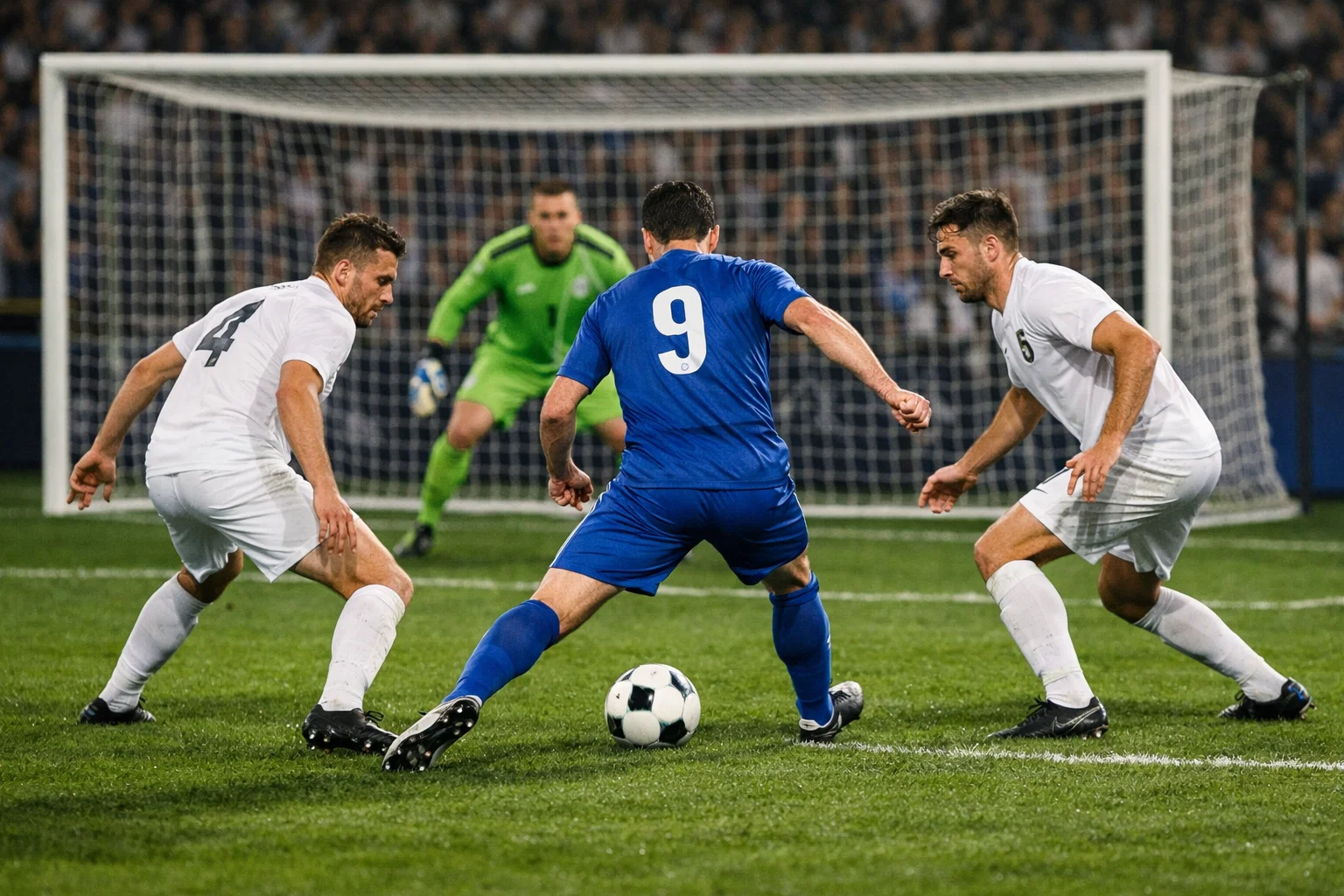 Fußballspieler im Strafraum kurz vor dem Torschuss mit Verteidigern in der Nähe