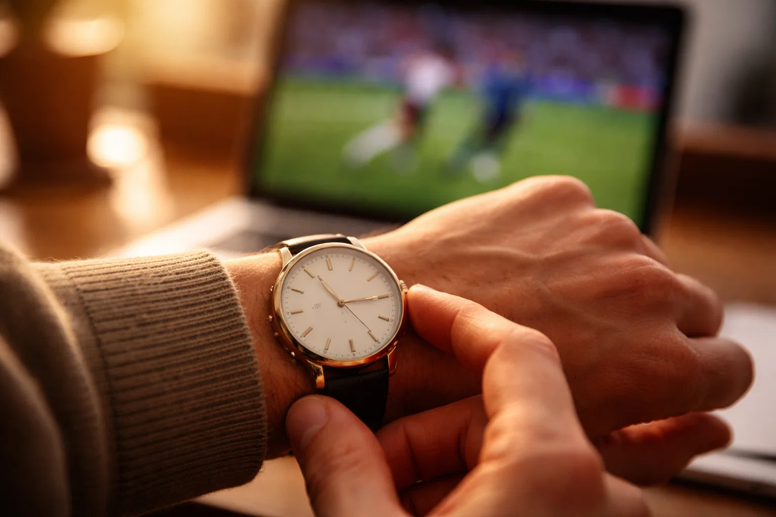 Person prüft die Zeit auf einer Armbanduhr vor einem Laptop