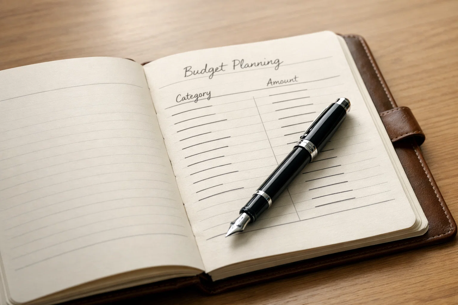 Aufgeschlagenes Notizbuch mit handgeschriebener Budgetplanung und einem Stift