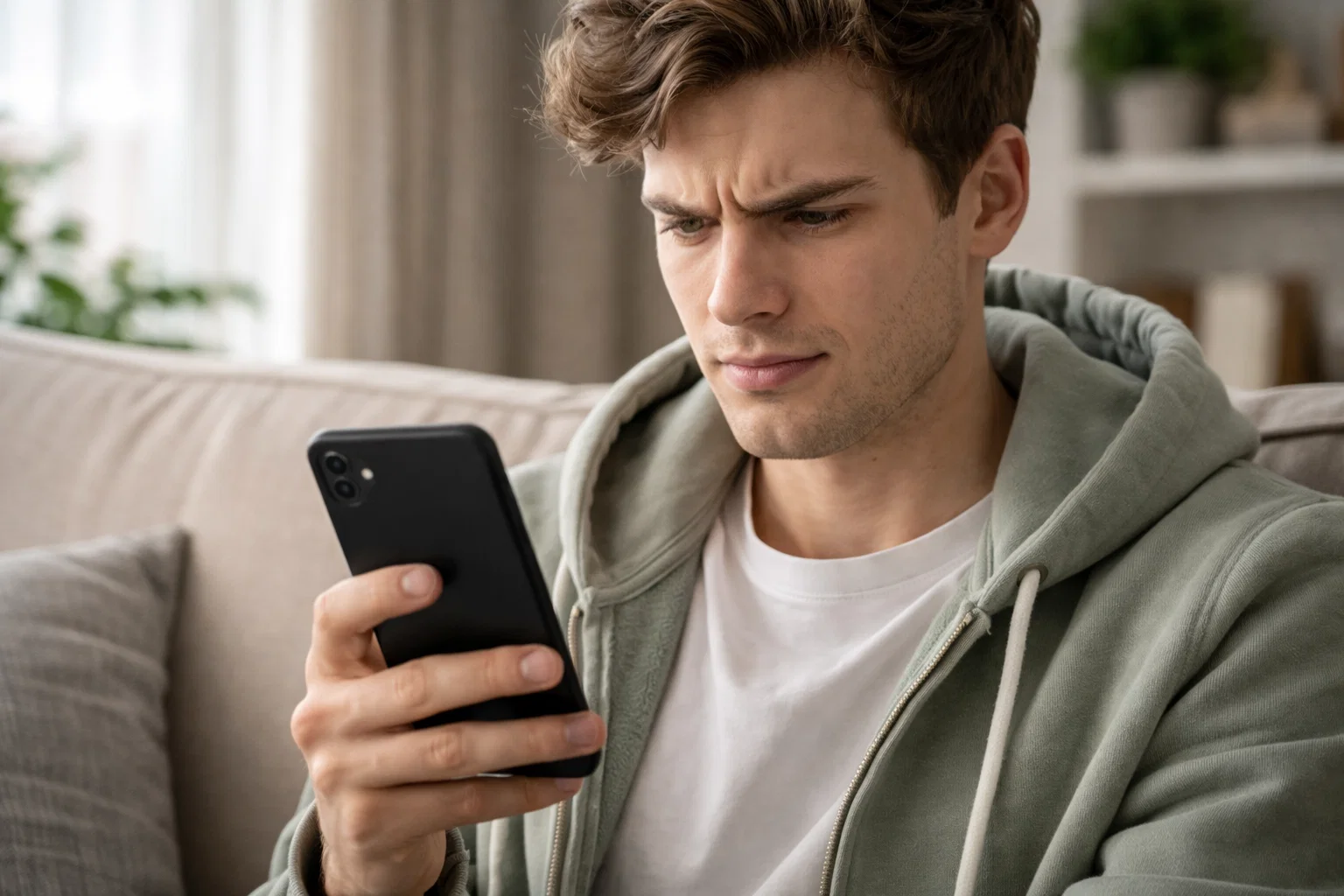 Person schaut skeptisch auf Smartphone-Bildschirm mit Werbung